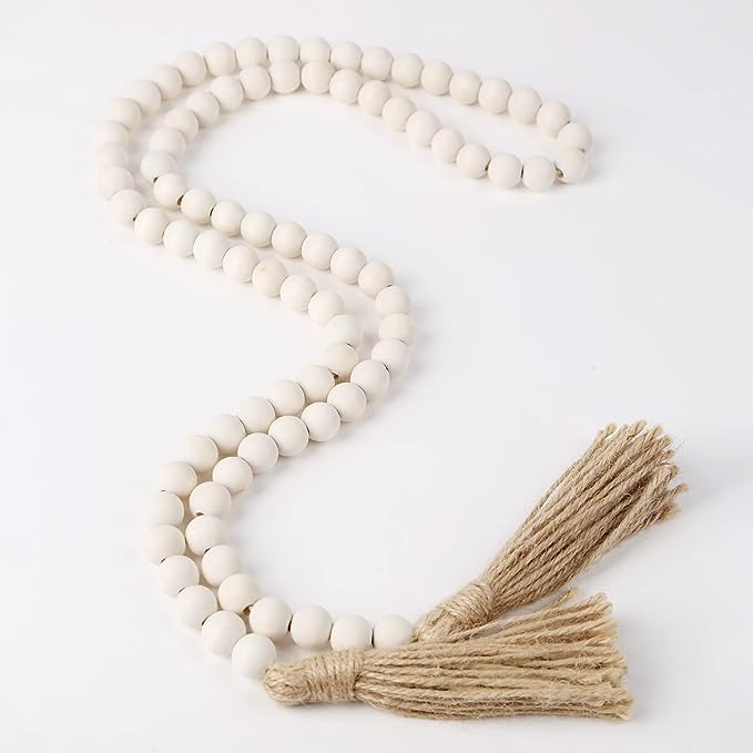 Farmhouse Beads 58in Wood Bead Garland with Tassels Rustic Country Decor Prayer Boho Beads Big Wall Hanging Decor