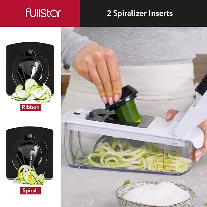 Fullstar Vegetable Chopper - Spiralizer Vegetable Slicer - Onion Chopper with Container - Pro Food Chopper - Slicer Dicer Cutter - (8 in 1, White)