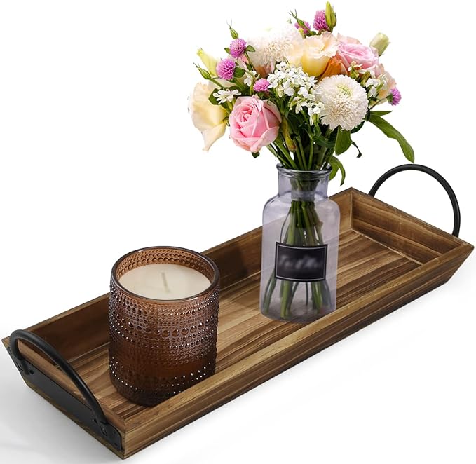 Aglary Wooden Candle Tray, Pillar Candle Holder with Black Metal Handles, Rectangular Centerpiece for Rustic Dining Table,Home Decor Accessories for Kitchen Counter，Coffee Table, Fireplace