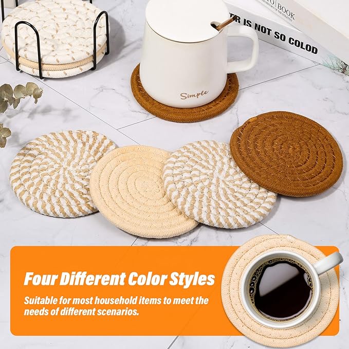 8 Pcs Drink Coasters with Holder, Minimalist Cotton Woven 4 Colors Absorbent Coaster Set for Home Decor Tabletop Protection Suitable for Kinds of Cups, 4.3 Inches.(NO.2)