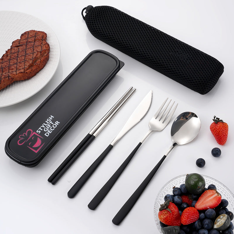 18/10 High Quality Portable Cutlery Flatware Set including  Spoon, Knife, Fork  and Chopstick with Case. Personalized Premium, Aesthetic Cutlery Set Stainless Steel-Black