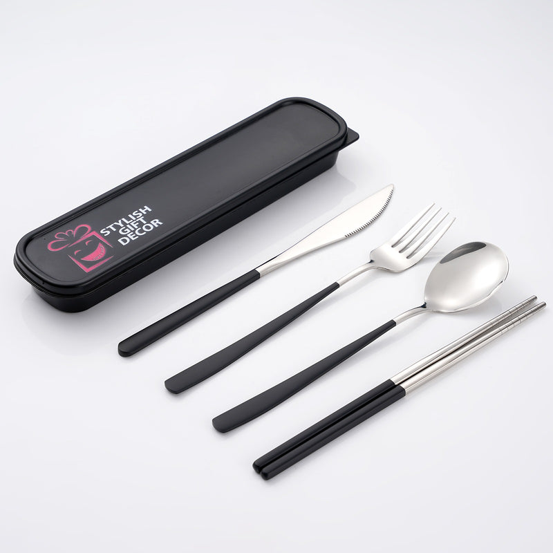 18/10 High Quality Portable Cutlery Flatware Set including  Spoon, Knife, Fork  and Chopstick with Case. Personalized Premium, Aesthetic Cutlery Set Stainless Steel-Black