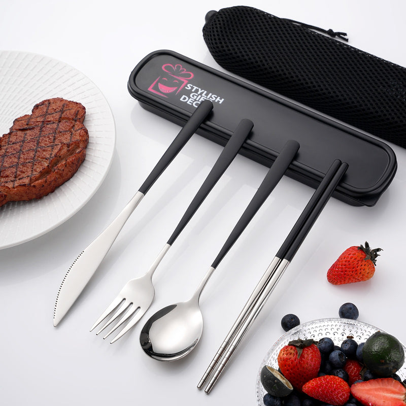 18/10 High Quality Portable Cutlery Flatware Set including  Spoon, Knife, Fork  and Chopstick with Case. Personalized Premium, Aesthetic Cutlery Set Stainless Steel-Black