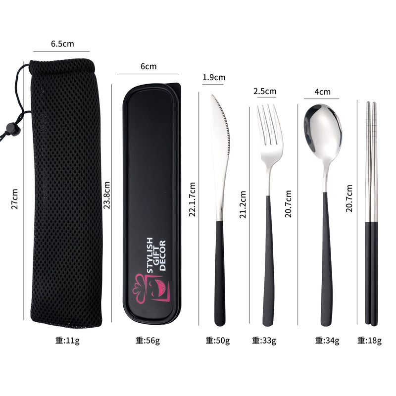 18/10 High Quality Portable Cutlery Flatware Set including  Spoon, Knife, Fork  and Chopstick with Case. Personalized Premium, Aesthetic Cutlery Set Stainless Steel-Black