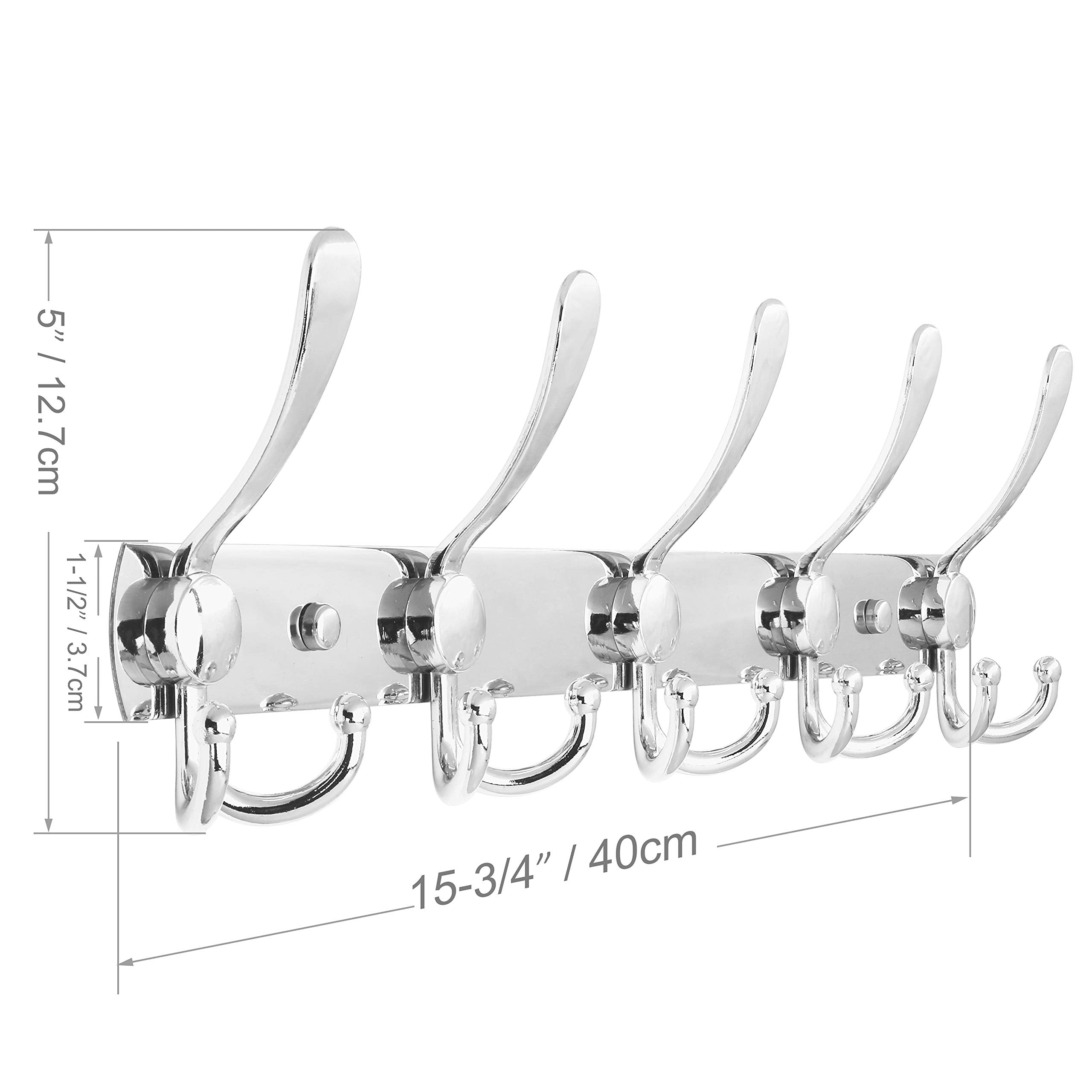 (PACK OF 4) WEBI Coat Rack Wall Mount,Coat Hooks Wall Mounted,Coat Hanger Wall,Hook Rack Rail,5 Triple Hooks for Hanging Jacket,Clothes,Hats,Chrome