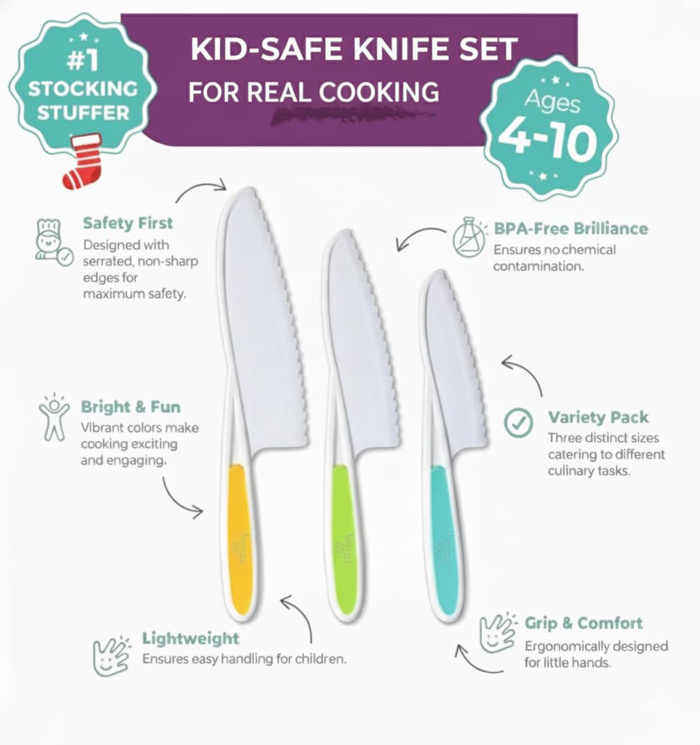 (PACK OF 3) Kid Safe Knife Gift Set for Real Cooking | Toddler Kitchen Knives | Montessori STEM Cooking Tools | Kids Chef Knives and Utensils | BPA Free Dishwasher Safe | Birthday Gift Ages 4 to 12