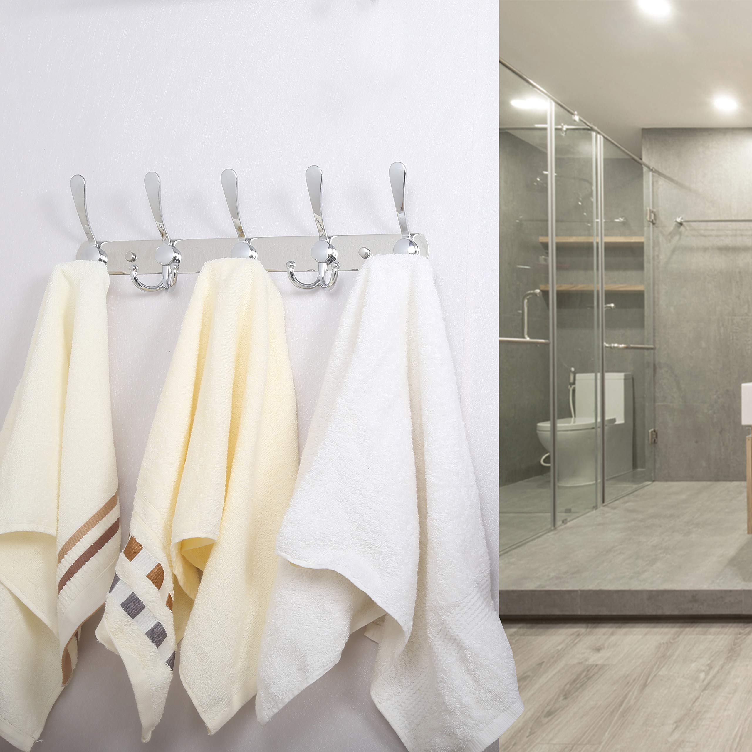 (PACK OF 4) WEBI Coat Rack Wall Mount,Coat Hooks Wall Mounted,Coat Hanger Wall,Hook Rack Rail,5 Triple Hooks for Hanging Jacket,Clothes,Hats,Chrome