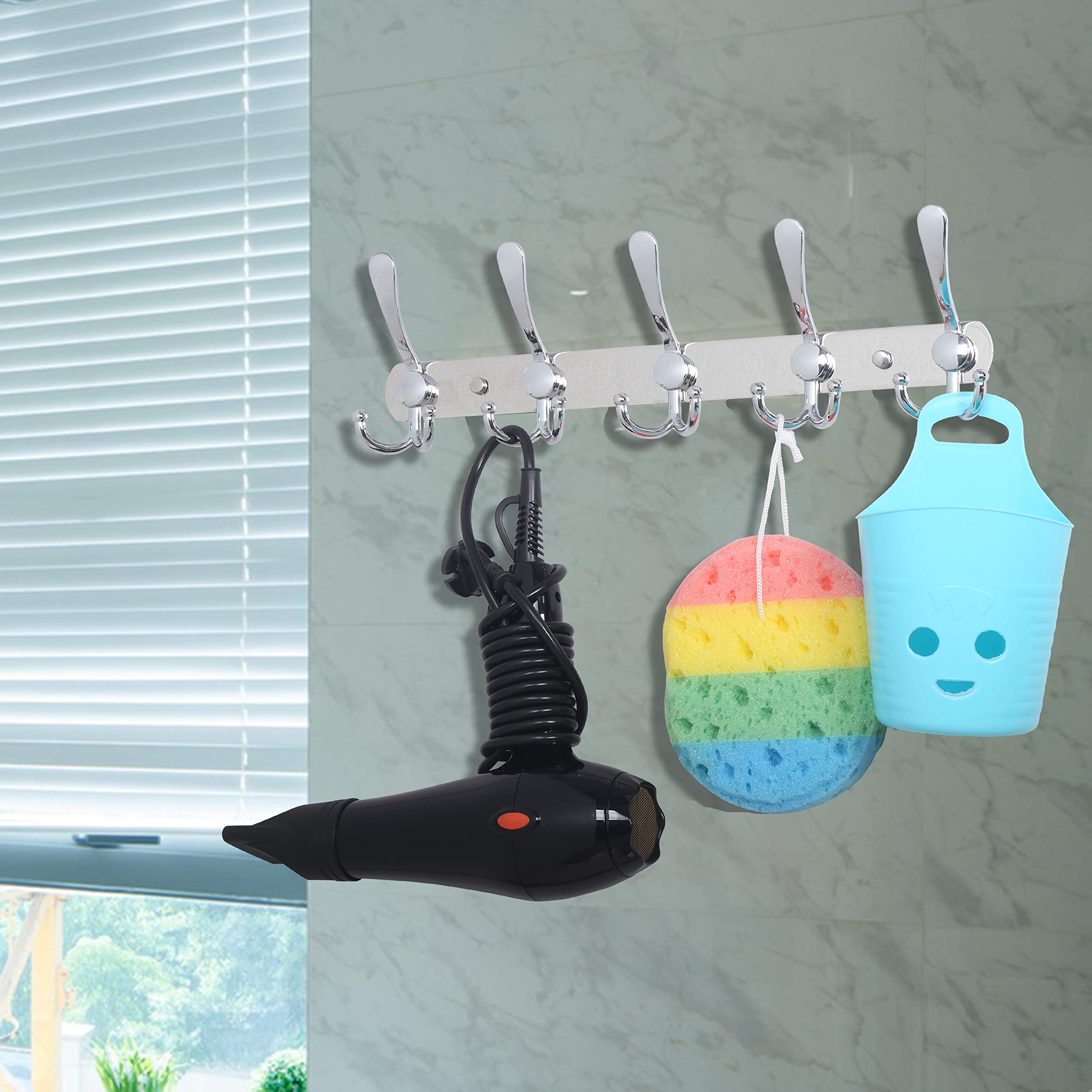 (PACK OF 4) WEBI Coat Rack Wall Mount,Coat Hooks Wall Mounted,Coat Hanger Wall,Hook Rack Rail,5 Triple Hooks for Hanging Jacket,Clothes,Hats,Chrome